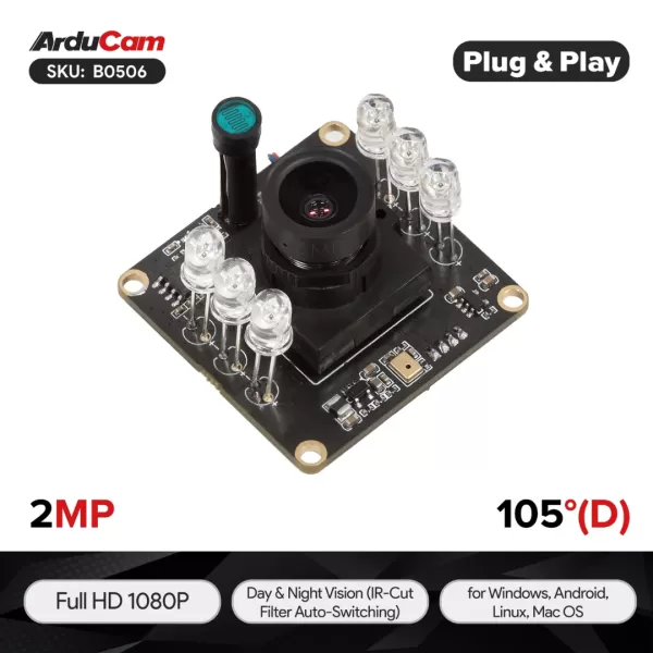 Arducam 1080P Day/Night Vision USB Camera, 2MP Infrared Webcam